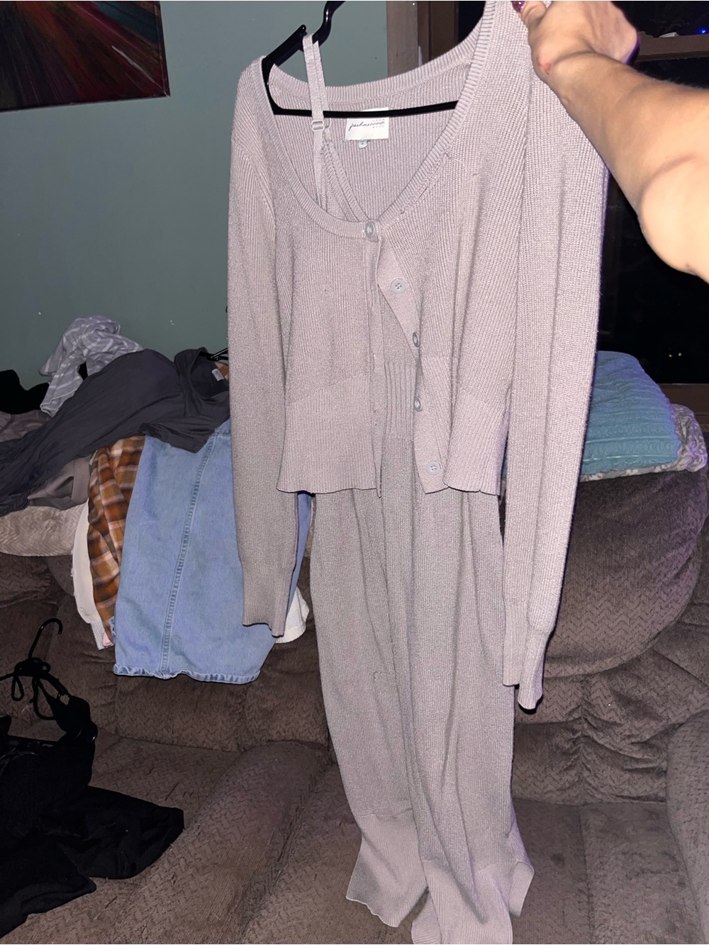 Soft Knit Maxi Dress with Button-Front Cardigan - Lilac